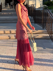 Cyflymder  Elegant Lady Halter Midi Dress Sleeveless Fold Satin Stitching Pleated Dress Summer Fashion Romantic Women Dress