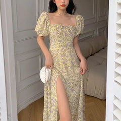 Cyflymder  Elegant Square Collar Long Dress Women's Clothing Fashionable Drawstring Summer French Style Broken Flowers A-Line Waist Dresses