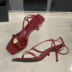Cyflymder  Summer Fashion Metal Buckle Decoration Narrow Band Gladiator Sandals Women Square Toe Low Thin Heels Party Dress Shoes