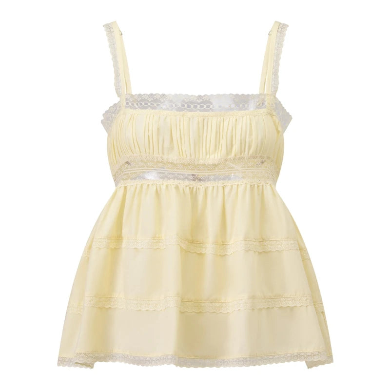 Cyflymder  Women Spaghetti Strap Babydoll Vest Lace Trim Tiered Cami Top Coquette Cottage Flowy Peplum Cropped Tank Streetwear