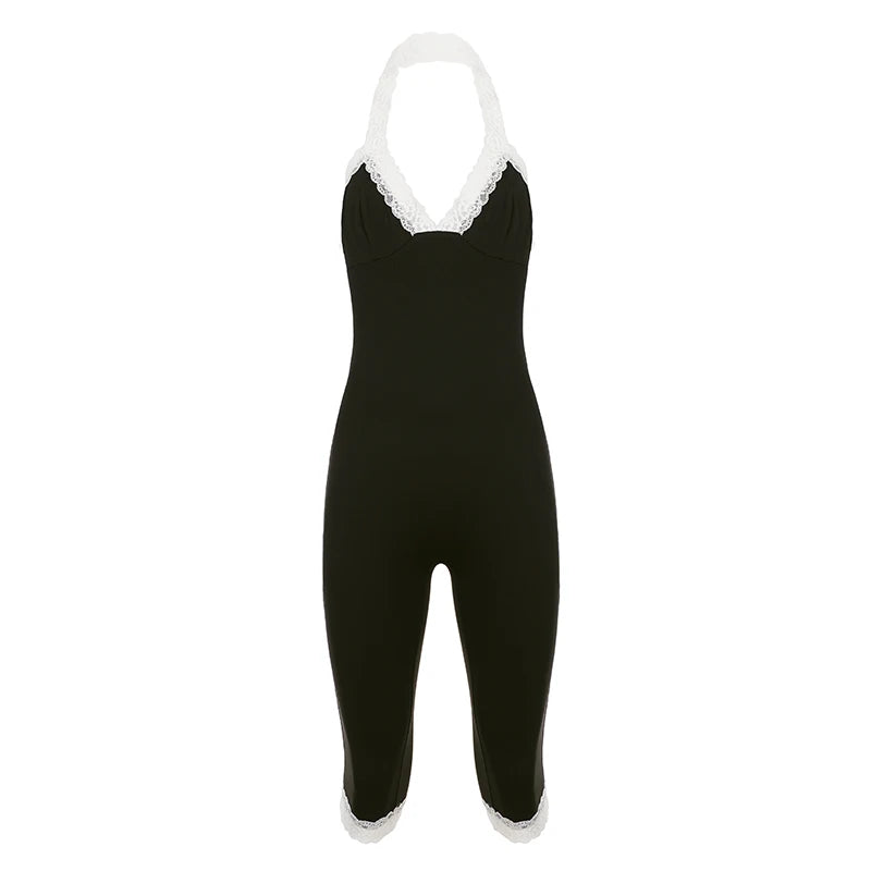 Cyflymder  Casual V-Neck Lace Patchwork Slimming Halter Jumpsuits Women's Summer Streetwear Backless One Piece Clothing Fashion New