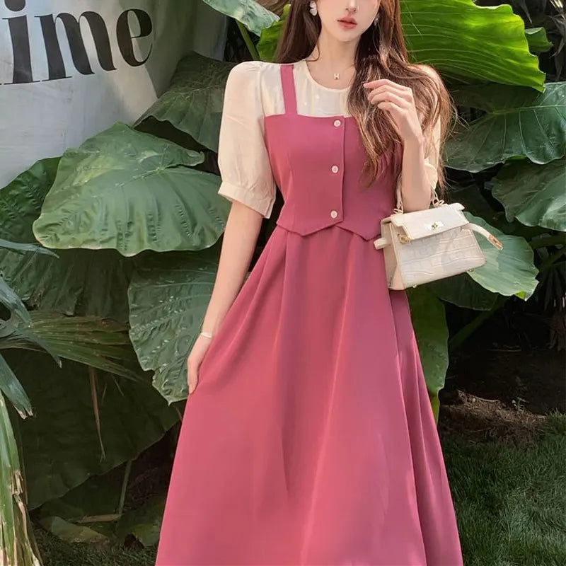Cyflymder  Fake Two Pieces A-Line Dresses Summer Stylish Patchwork Female Clothing French Style Short Sleeve Elegant Solid Color Midi Dress