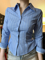 Cyflymder  Office Ladies Casual Striped Blouse Elegant Basic Turn-Down Collar Long Sleeve Shirts Women Spring Autumn Streetwear