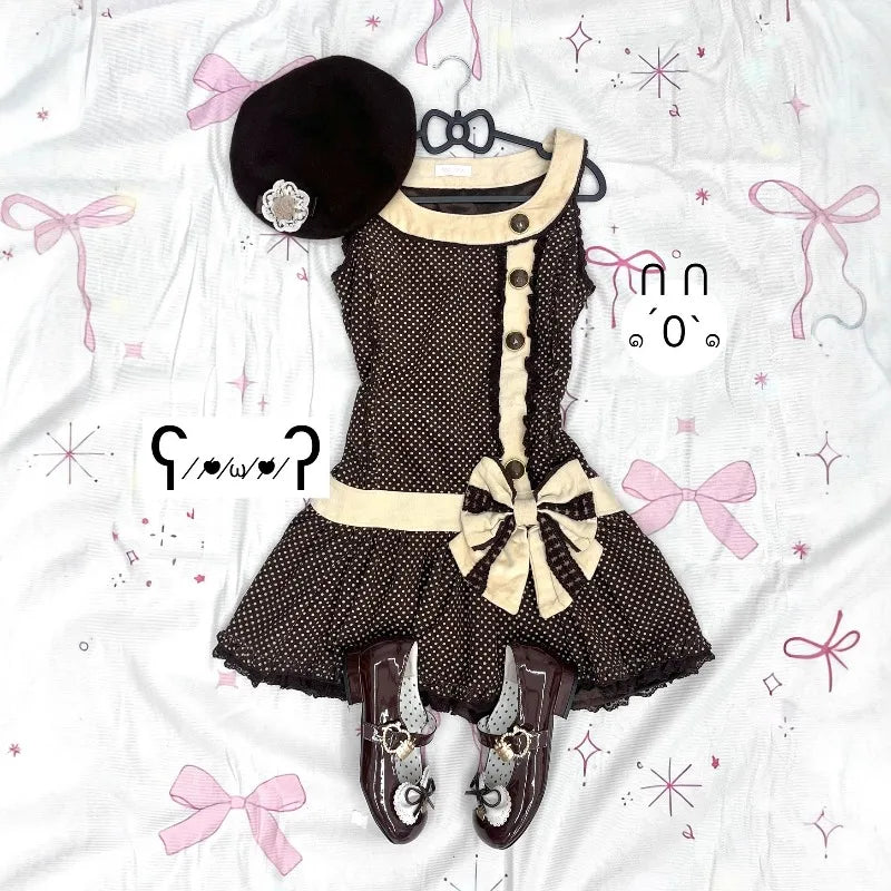 Cyflymder  New Y2K French Retro Polka Dot Print Summer Slim Dress Sweet Bow Appliques Sleeveless Dress Harajuku Buttons Design Punk Clothes