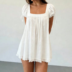Cyflymder  Women Puff Sleeve Short Babydoll Tops Square Neck Flowy Mini Dress Floral Ruffle A Line Summer Shirts Sundress