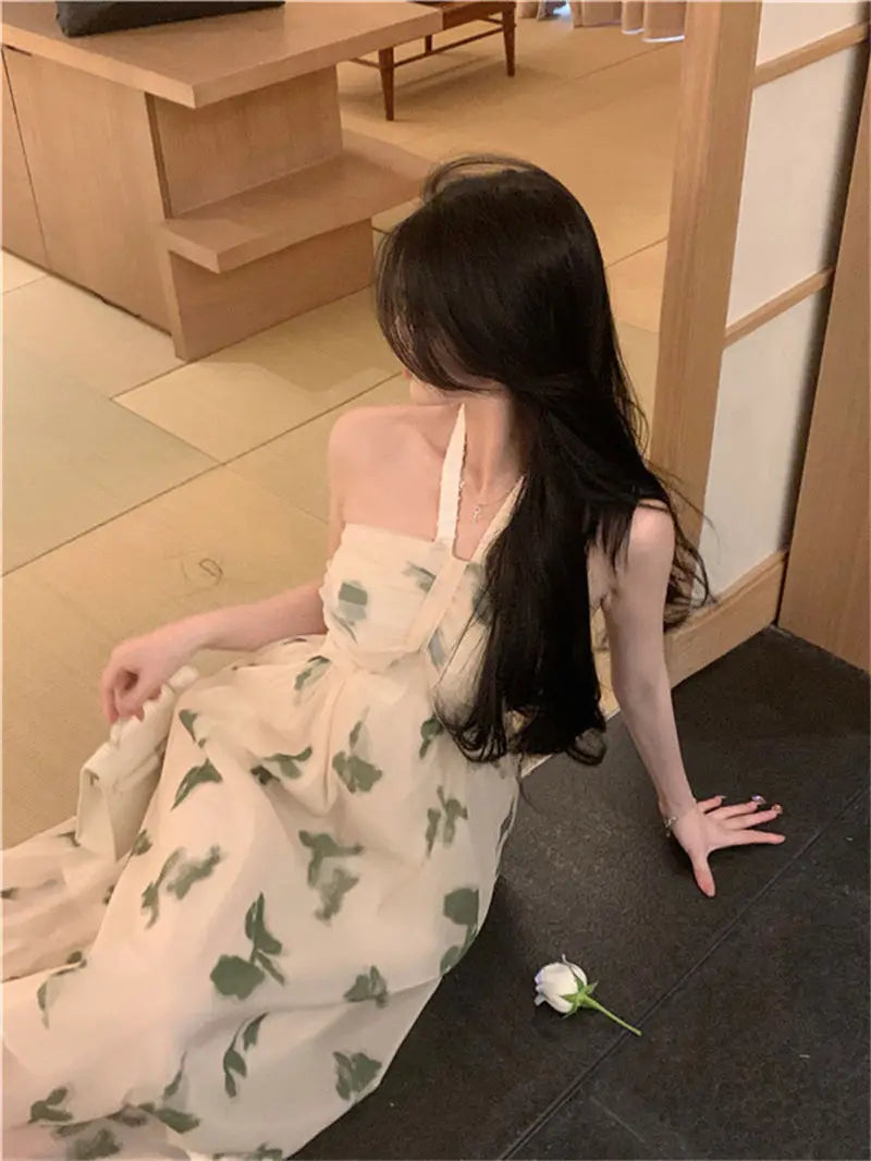 Cyflymder  Temperament Floral Neck Strapless Tulle Skirt Gentle Style Slim A-line Long Skirt