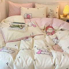 Cyflymder 4Pcs Pure Cotton Cartoon Pattern Printed Quilt Cover Breathable Colorfast Fitted Sheets Super Soft Dirt Resistant Bedding Set