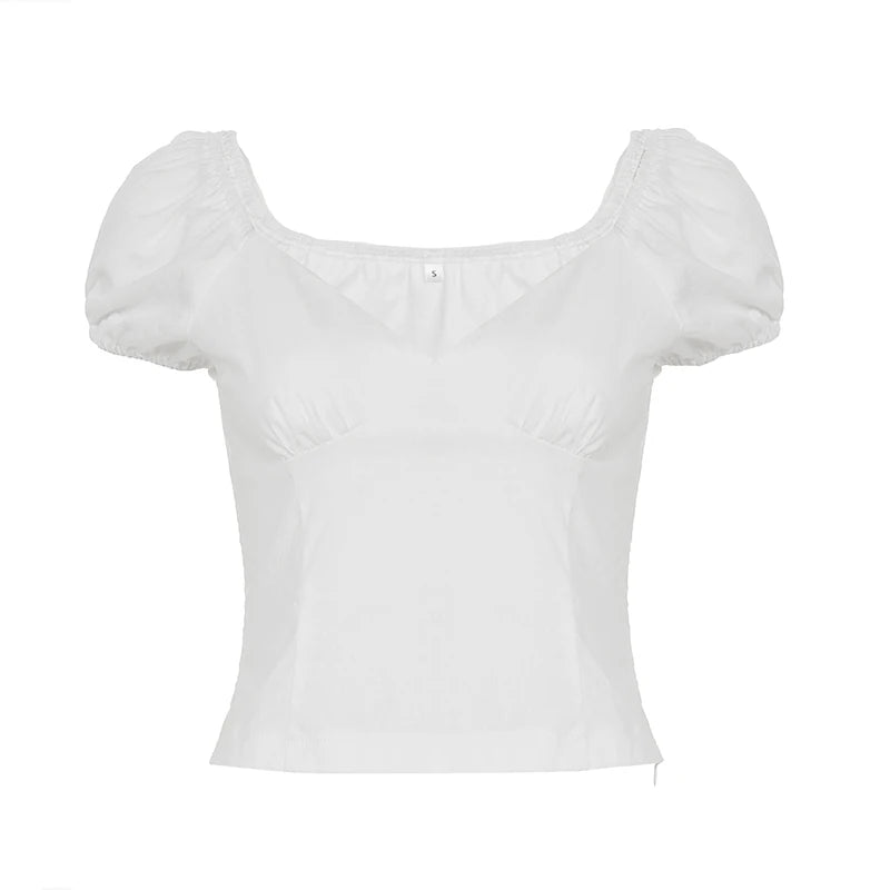 Cyflymder  French Style Slim Solid Blouse Holiday Casual Deep V-Neck Short Puff Sleeve Shirts Women 2025 Summer Fashion Streetwear
