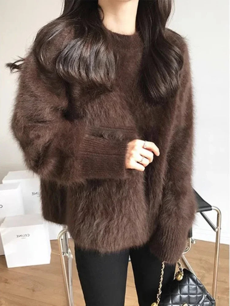 Cyflymder Autumn Winter Mink Fleece Sweater Women's Knitted Pullovers Thick Loose Casual Outerwear Solid O Neck Oversize Jumpers Women