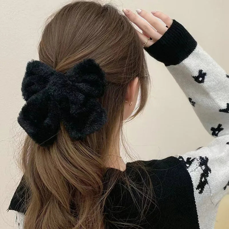 Cyflymder Winter Cute Plush Bowknot Hairpin Women Korean Simple Solid Color Bow Hair Clips Large Barrette for Girls Hair Accessories