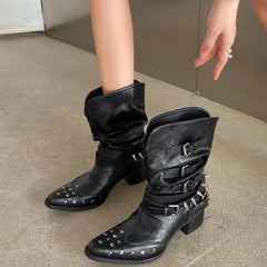Cyflymder  Vintage Rivet Hottie Woman Knight Boots Shoes 2025 Autumn Ladies Elegant Pointed Toe Thick Heel Western Cowboy Botas