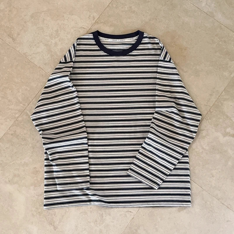 Cyflymder  Striped T-shirts Women O-Neck Long Sleeve Loose Navy Blue Tops Tee Bottoming Tshirts