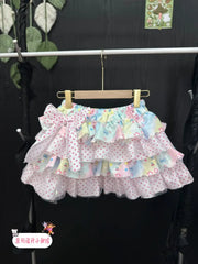 Cyflymder  Original Handmade Three-Color Print Pink Polka Dot Y2K  Knot Puffy Skirt Cake Skirt Sweet Style Loose Fit Daily Wear