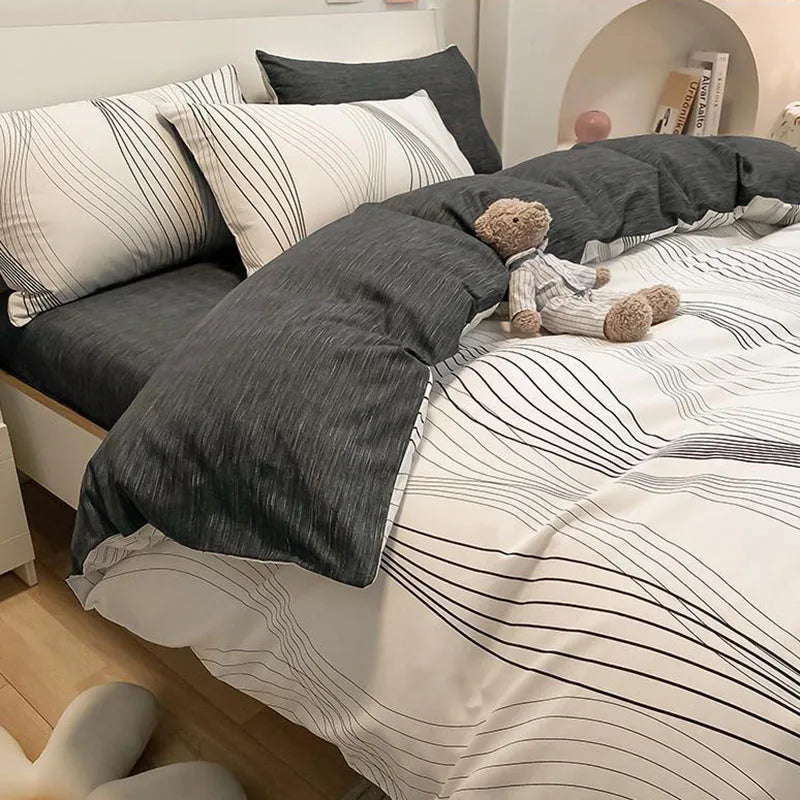 Cyflymder  Simple Nordic Pure Cotton Striped Bedding Set Naked Sleeping Comfortable Duvet Cover Set Fitted Sheet Kit for Single and Double