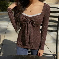 Cyflymder  90s Aesthetic Polka Dot Blouse Women Brown Lace Trim Square Neck Tie Front Ruched Long Sleeve Casual Top T Shirt Fashion Outfit