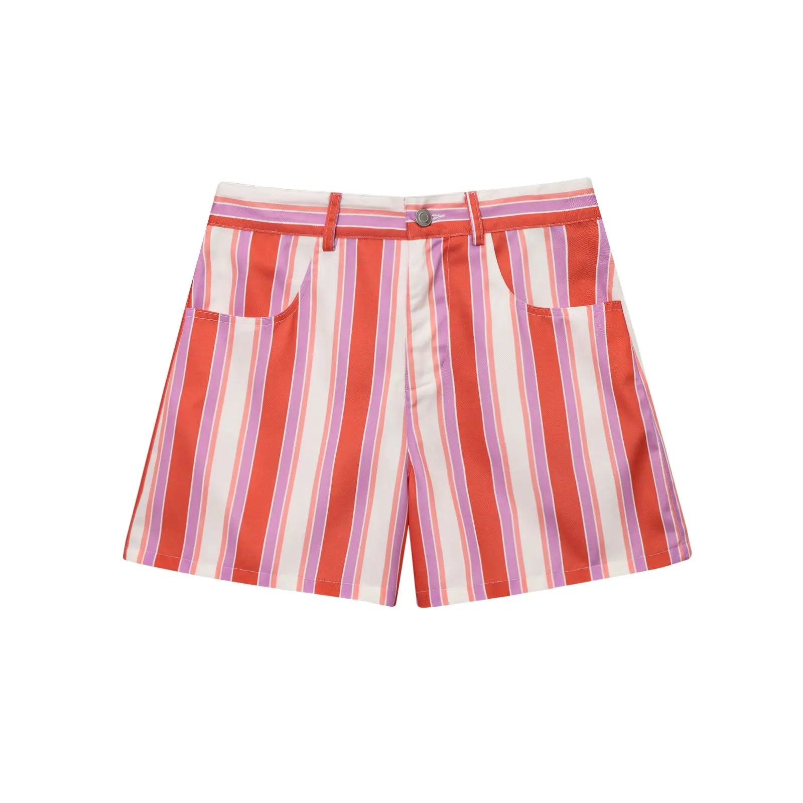 Cyflymder  Women's new fashion side pocket decoration casual striped shorts retro high waisted zipper women's shorts
