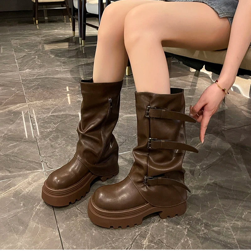 Cyflymder  Designer Thick Heel Women Western Cowboy Boots Fashion Ladies Belt Buckle Knight Booties botas de inverno feminina