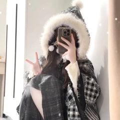 Cyflymder  Vintage Elegant Lolita Style Plush Hooded Cloak Women Sweet Black White Plaid Tassel Shawl Japanese Thicken Warm Ponchos Coats