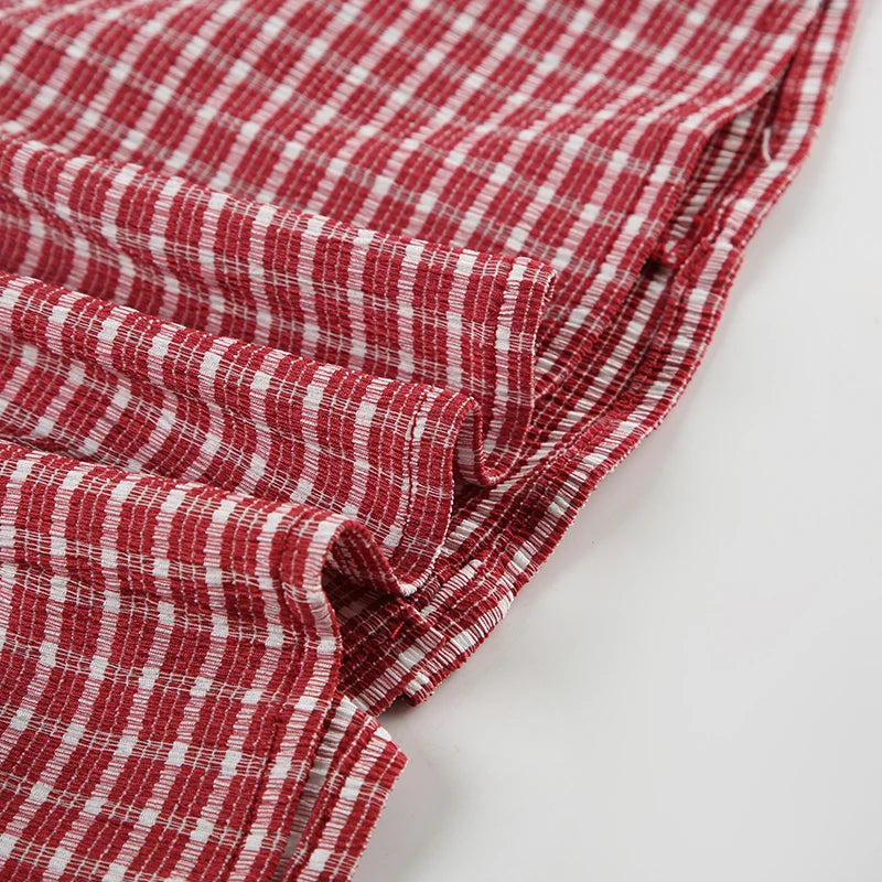 Cyflymder  American Retro Red Plaid ort Sve irt Casual Slim Fit Waist Cinching Button up Top for Young Women