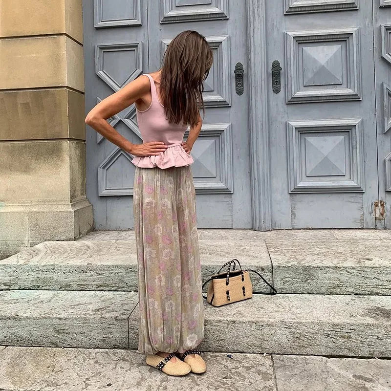 Cyflymder  Elegant Lady High Waist Commute Pants Summer Casual Loose Breathable Wide Leg Pants Vintage Floral Printed Pleated Long Pants