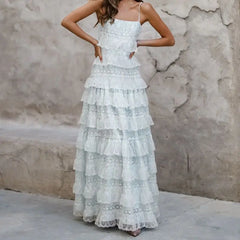Cyflymder  Women Summer Adjustable Thin Shoulder Straps Sleeveless Square Neck Lace Patchwork Patchwoek A-line Cami Long Dress