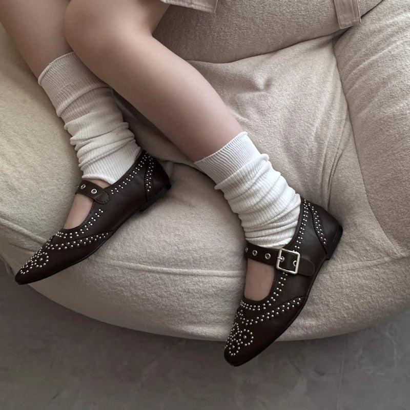 Cyflymder  Retro Rivet Buckle Design Flats Women Round Toe Shallow Elegant Mary Jane Shoes for Ladies Fashion Brand Designer Casual Shoes