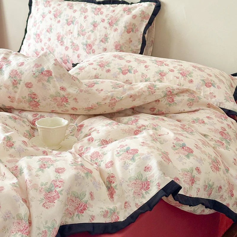 Cyflymder  Korean Princess Floral Ruffles 100% Cotton Double Layer Yarn Soft Bedding Set Single Queen King Duvet Cover Bed Sheet Pillowcase