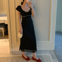 Cyflymder  Fashionable Square Collar Drawstring Bow Long Dress Female Clothing Polka Dot Summer New French Style Flying Sleeve Slim Dresses