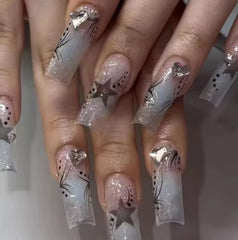 Cyflymder  24Pcs Purple French Fake Nails Long Coffin False Nails Marbling Detachable Ballerina Full Cover Nail Tips Press on Nails