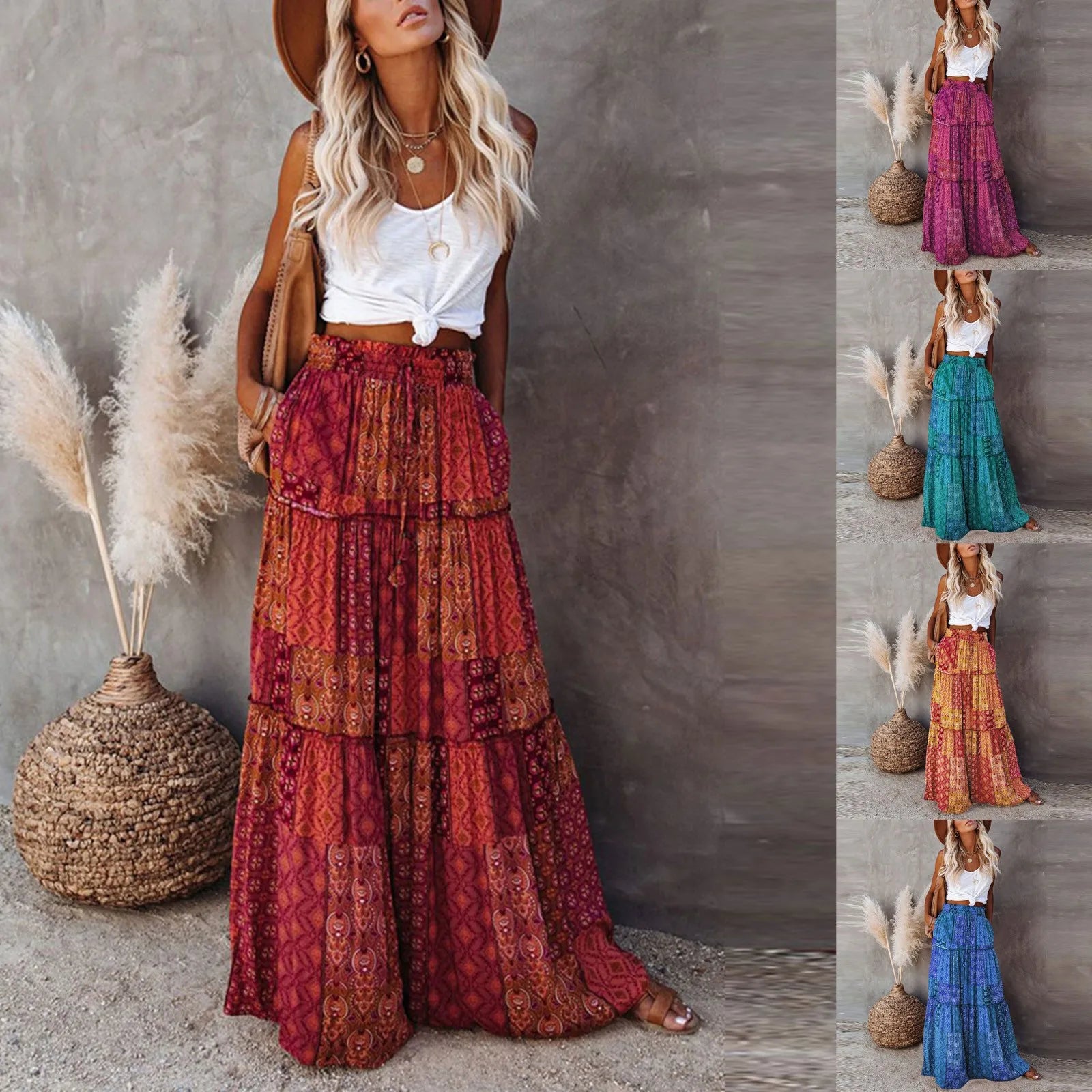 Cyflymder  Ladies’ Fashion Bohemian Flower Printing Elastic Waist Pleated Skirt Loose Casual Vintage High Waist Tie A-Line Long Skirt