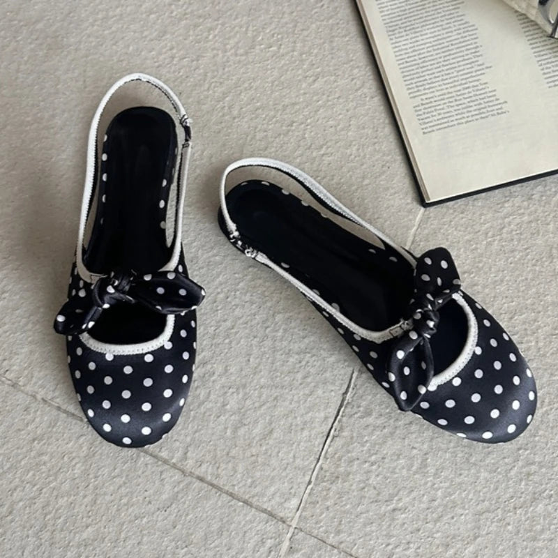 Cyflymder  Novelty Polka Dot Bow Design Low Heel Women Pumps Luxury Satin Backless Flat Sandals Elegant Party Designer Dress Shoes Ladies
