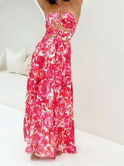 Cyflymder  Elegant Floral Print Sleeveless Halter Neck Maxi Dress with Open Back and Hollow Out Detail for Summer Events and Parties