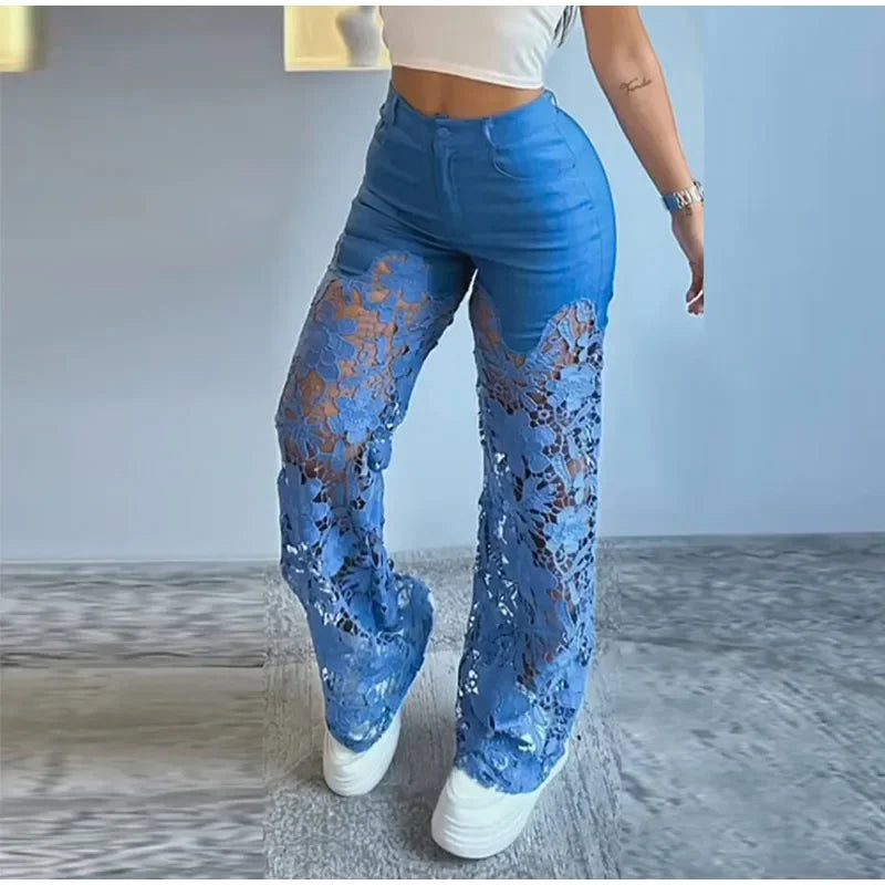 Cyflymder  Retro Lace Patchwork Women Blue Denim Pants High Waist Wide Leg Baggy Jeans Chic Y2k Fashion Casual Elegant High Street Trousers