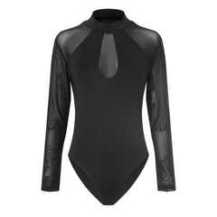 Cyflymder  Women's One-Piece Black Bodysuit Mesh Patchwork Long Sleeve Stand Collar Jumpsuit See-Through Sexy Tops Bottoming Undershirts