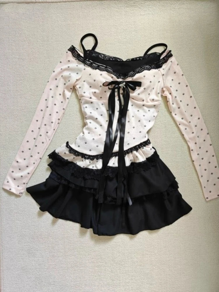Cyflymder  Japanese Style Sweet High Street Y2K Suit Women's Bowknot Polka Dot Tops + Skinny Black Dress New Chic Party Lovely Outfits 2026