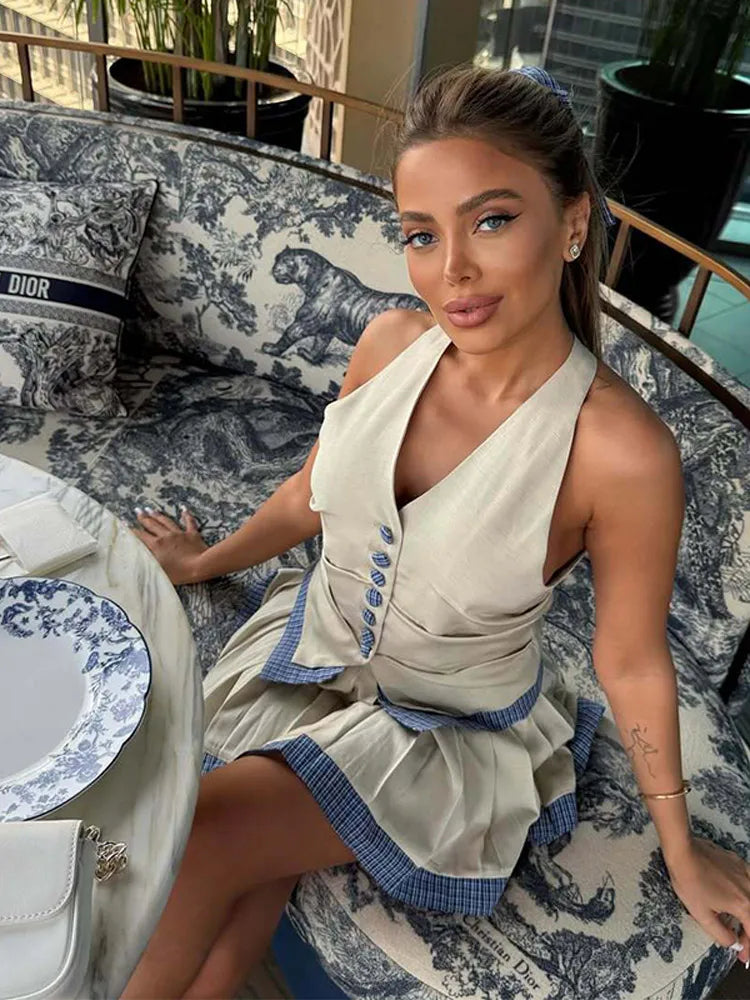Cyflymder  Halter Women's Two Piece Suit V-neck Sleeveless Single Breasted Top A-line Pleated Short Skirt Summer Lady Vacation Set