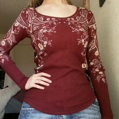 Cyflymder  Euramerican Fashion Constrast Color Flower Print O Neck Long Sleeve T Shirt Y2k Autumn Casual Basic Women Clothes Punk Clothes