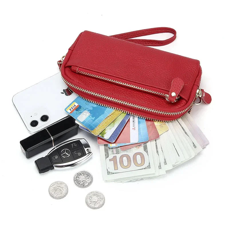 Cyflymder  Genuine Leather Women Double Zip Wallet new Ladies Clutch Purse Cowhide Wristlet Bag Coin Purse Fashion Mobile Phone Bags