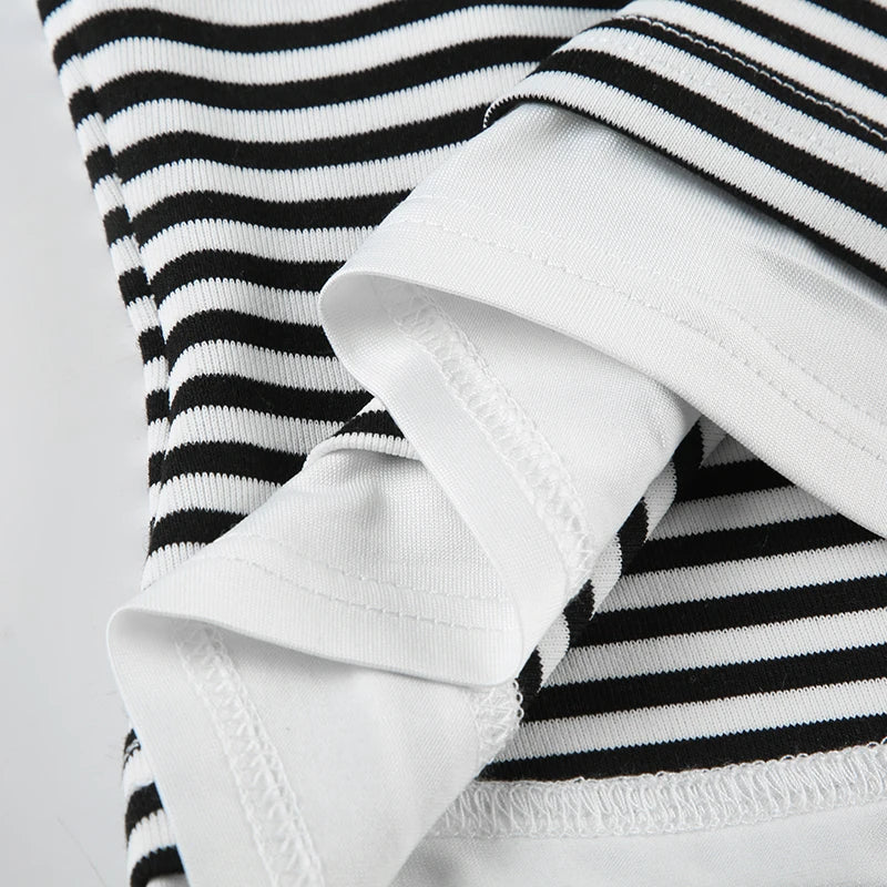 Cyflymder  Casual Patchwork Striped T Shirt Fake 2 Piece Basic Halter O-Neck Short Sleeve Tees Women 2025 Summer Fashion Streetwear