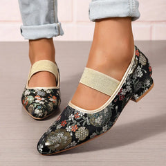 Cyflymder  Women's Low Heels Shoes Woman Elastic Band Point Toes PUmps Shallow Cloth Fabric Embroidery Women Ladies Square Heel Shoe