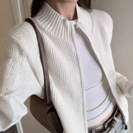 Cyflymder  Y2k Aesthetic Vintage Stand Neck Knitted Cardigan Autumn Solid Casual Women Sweater Harajuku Grunge Zipper Cardigans Femme