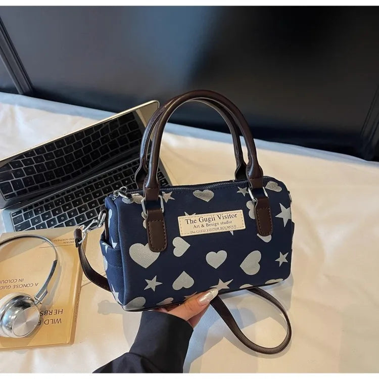 Cyflymder  Harajuku Style Heart Star Print Canvas Bag Women Sweet Cute Boston Bag Ladies Versatile Fashion Trendy Handbag Y2k Aesthetic New
