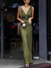 Cyflymder  Vintage Polka Dot Satin V-neck Sleeveless Dress Lace Up Waist Cinching Slimming Women's Long Dresses Elegant Party Summer Robe