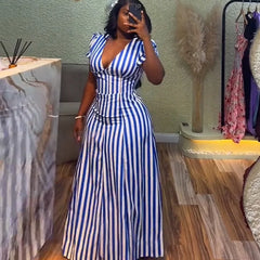 Cyflymder  Women Striped Printed V-Neck Dress Short Sleeve Elegant Slim Casual Vacation Streertwear Vintage Long Dress Summer Dresses