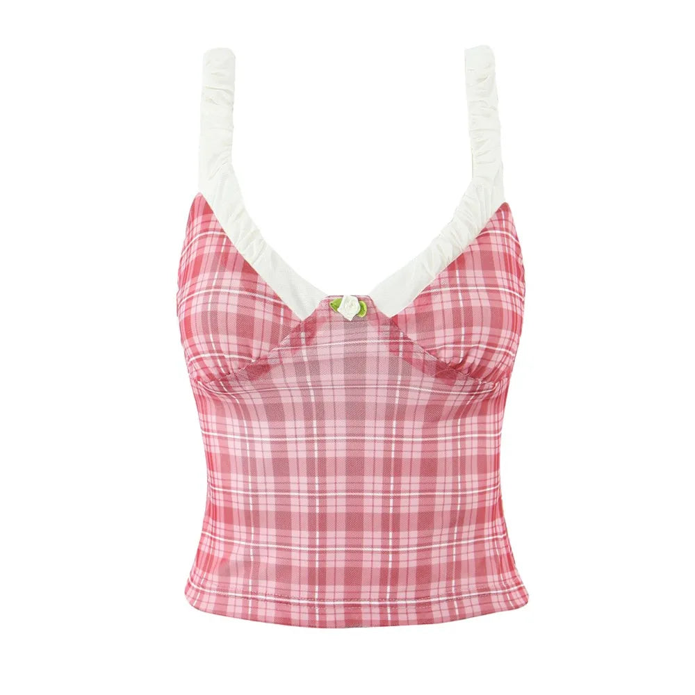 Cyflymder  2 pieces 1 set 2025 Sexy Mesh Plaid Contrast Color Elastic Strap Camisole Tank top + Ruched Low Waist Mini Shorts Skinny Suits