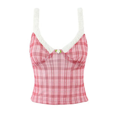 Cyflymder  2 pieces 1 set 2025 Sexy Mesh Plaid Contrast Color Elastic Strap Camisole Tank top + Ruched Low Waist Mini Shorts Skinny Suits