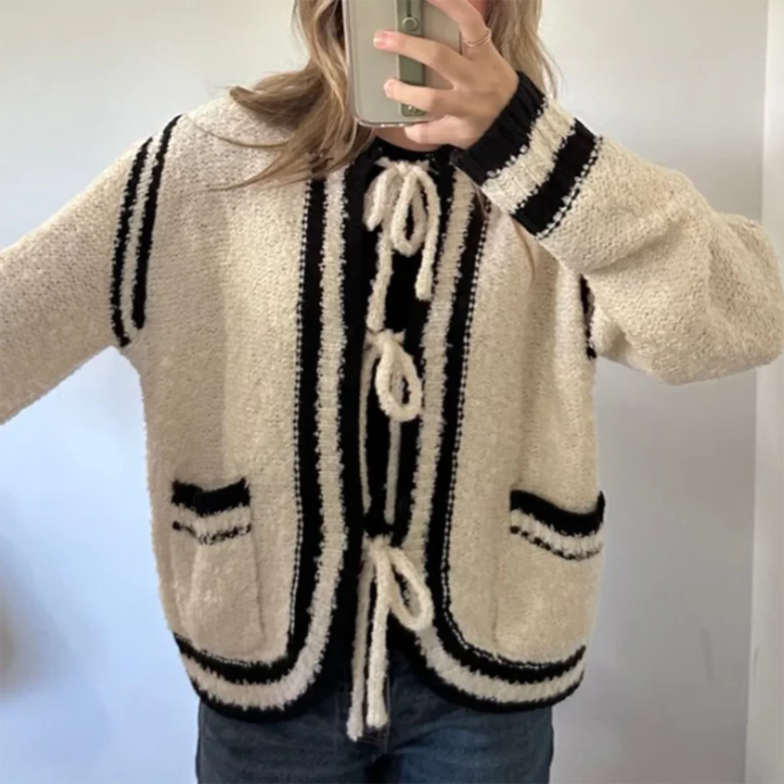 Cyflymder  Women Y2k Tie Front Knitted Cardigan Sweater Long Sleeve Open Front Oversized Cardigan Knitwear Tops 00s Vintage Streetwear