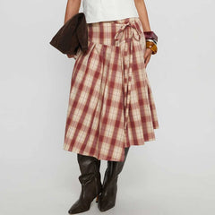 Cyflymder  Women Vintage Plaid Midi Skirt Stylish Irregular Hem Bow Tie Pleated Skirts Preppy Cute Y2k Gingham A Line Skirt