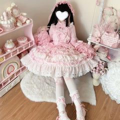 Cyflymder   Japanese Lolita Jsk Gorgeous Bow 2 Piece Set Women Y2k Long Sleeve Shirt Kawaii Cute Lace Ruffles Vintage Elegant Princess Dress