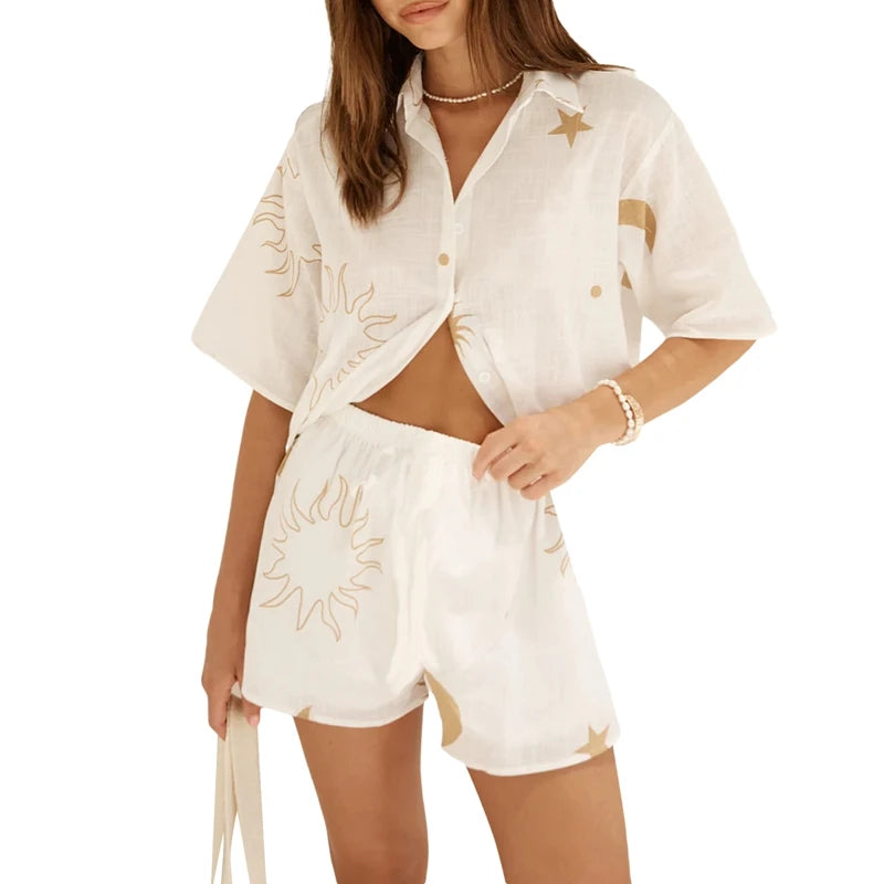 Cyflymder  Boho Beach Style 2 Piece Outfits Fashion Printed Short Sleeve Button Up Blouse Tops + Shorts Set Women Lounge Matching Beachwear